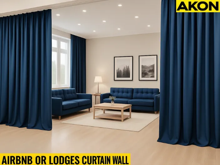 Industrial Curtains for Dividing Large Airbnb Properties or Group Lodges, shown in navy blue, creating private and flexible guest spaces in a modern rental interior