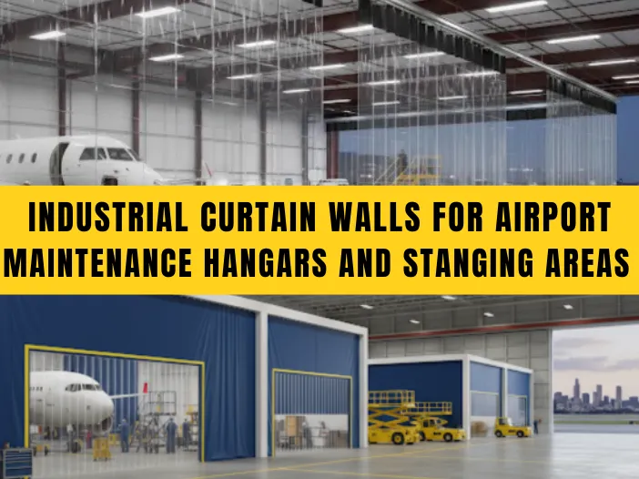 Industrial curtain walls for airport maintenance hangars and staging areas, featuring a split view of clear and blue fabric dividers with aircraft and equipment inside a hangar