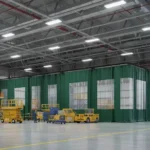 Industrial curtain walls for airport maintenance hangars and staging areas, featuring green fabric walls with clear panels for visibility during airplane service