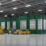 Industrial curtain walls for airport maintenance hangars and staging areas, featuring green fabric walls with clear panels for visibility during airplane service