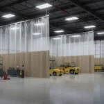 Industrial curtain walls for airport maintenance hangars and staging areas, using beige and clear panels to section off airplane repair areas and staging equipment