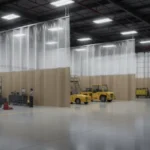 Industrial curtain walls for airport maintenance hangars and staging areas, using beige and clear panels to section off airplane repair areas and staging equipment