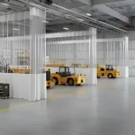 Industrial curtain walls for airport maintenance hangars and staging areas, using tall white dividers to create enclosed work sections around airplanes.