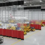 Industrial curtain walls for airport maintenance hangars and staging areas, with red and clear dividers separating aircraft maintenance zones and staging areas