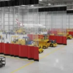 Industrial curtain walls for airport maintenance hangars and staging areas, with red and clear dividers separating aircraft maintenance zones and staging areas