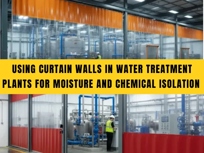 Industrial curtain walls inside a water treatment plant, showing partitioned zones designed for moisture control, wastewater management, and chlorine isolation