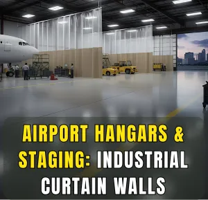 Industrial curtain walls used in airport hangar for aircraft staging and workspace separation