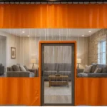 Industrial curtains for dividing large Airbnb properties or group lodges, with orange panels and clear sections, used to create private areas and demonstrate how to divide shared rental space