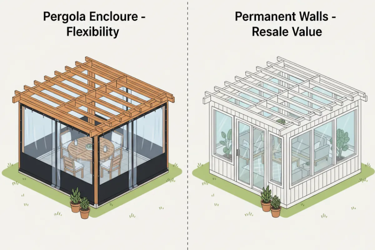 Isometric comparison of Pergola Enclosures vs. Permanent Walls – showing vinyl pergola enclosure for flexibility and solid walls for resale value