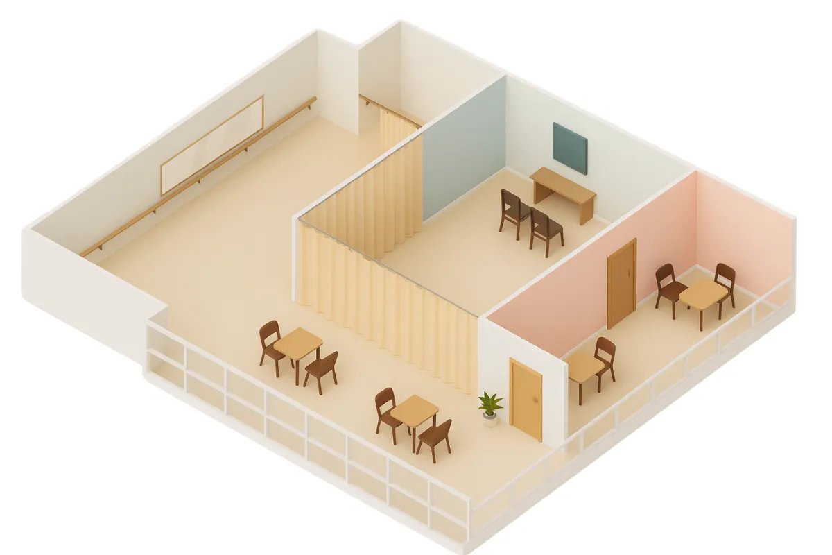 Isometric floor plan of a dance studio showing how curtain walls create private lesson and audition spaces, ideal for multi-room studios that need modular space.