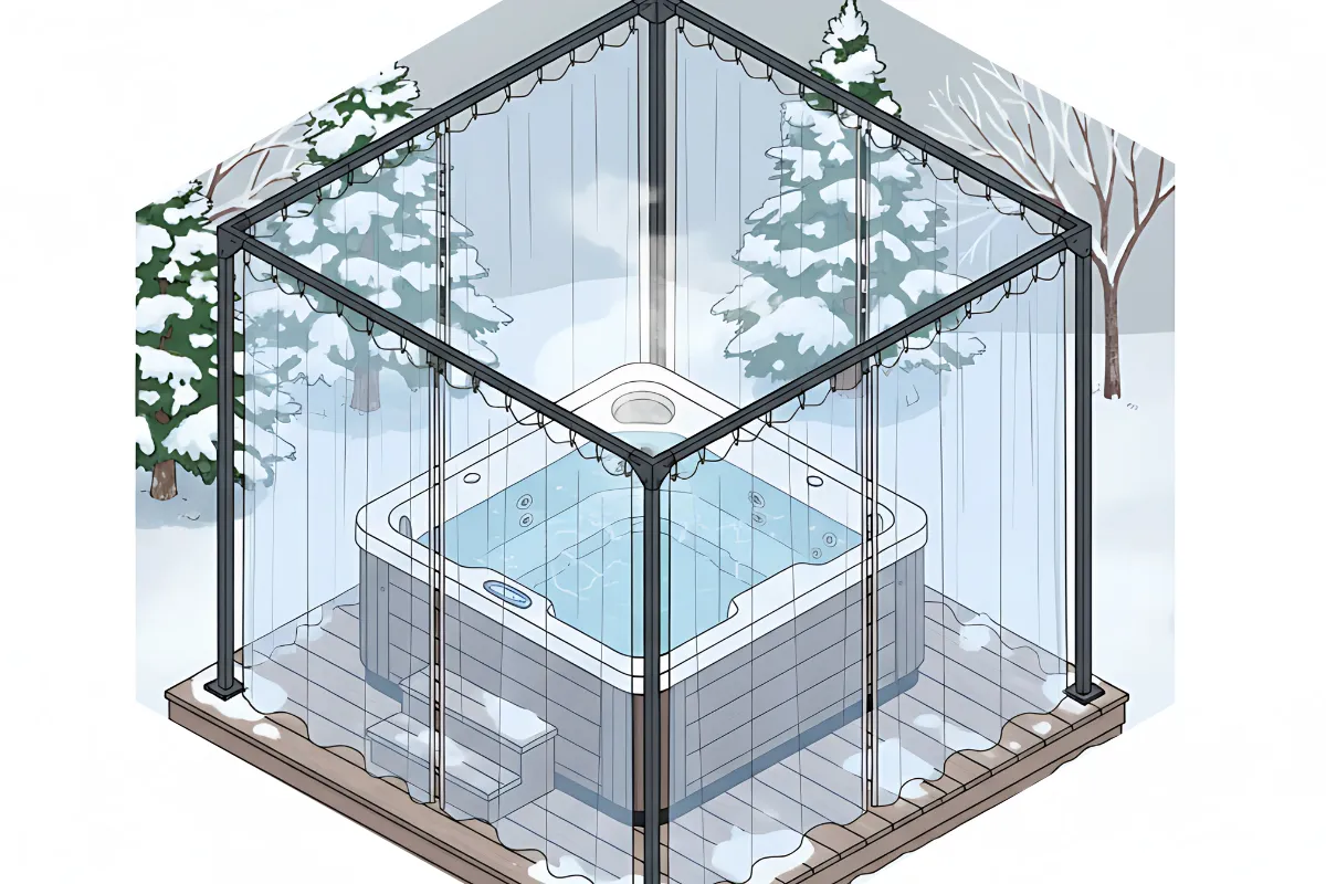 Isometric illustration of Clear Vinyl Curtains for Hot Tubs and Spas – How to Enclose for Winter, showing a spa enclosed by transparent vinyl panels in a snowy outdoor setting