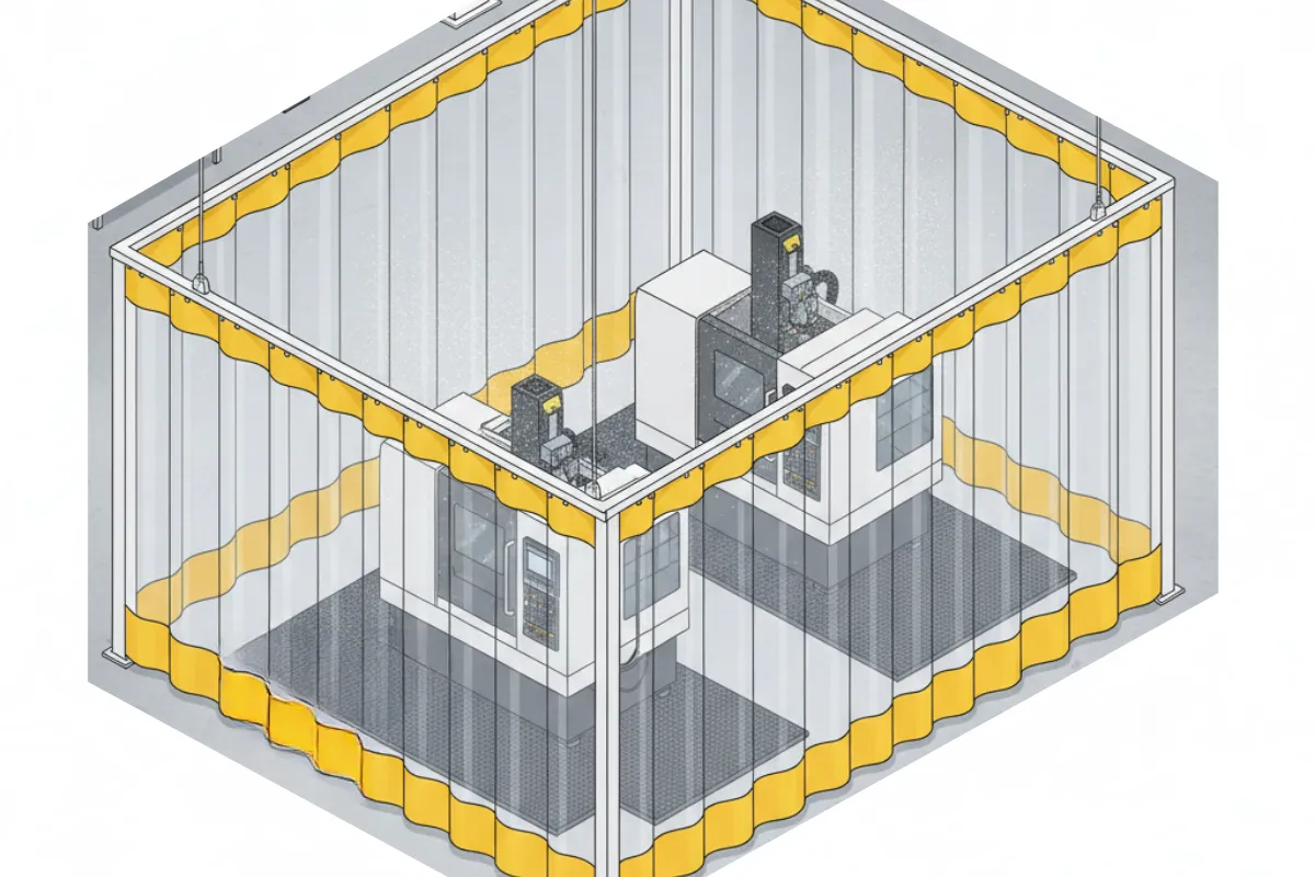 Isometric illustration of Coolant Spray Containment Solutions for Machining Zones Without a Top Rail using clear vinyl curtain walls with yellow trim around CNC machine