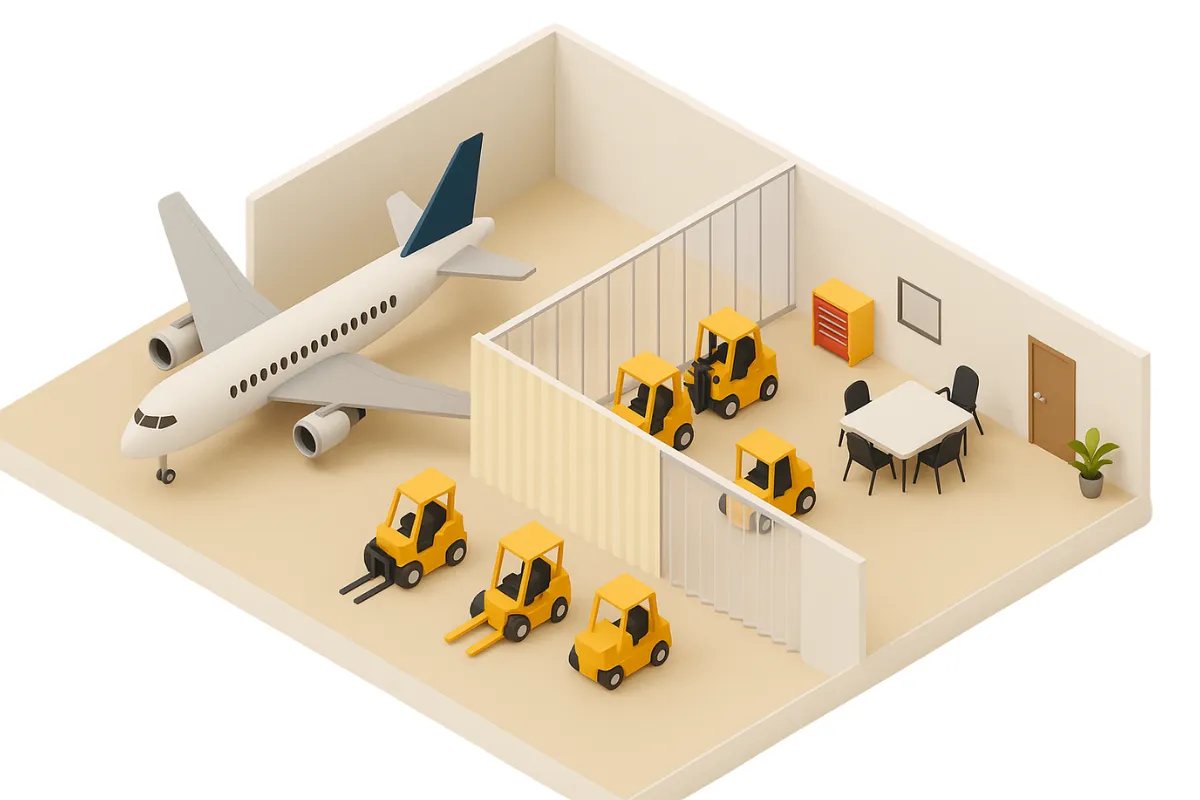 Isometric illustration of Industrial Curtain Walls for Airport Maintenance Hangars and Staging Areas, showing modular partitions dividing aircraft maintenance, GSE staging, and inspection zones inside a modern hangar
