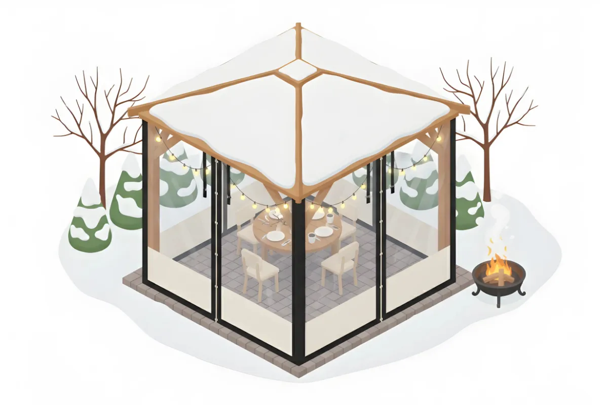 Isometric illustration of Insulated Curtain Walls for Outdoor Dining Areas in the Winter, enclosing a patio with table and chairs in a snowy setting