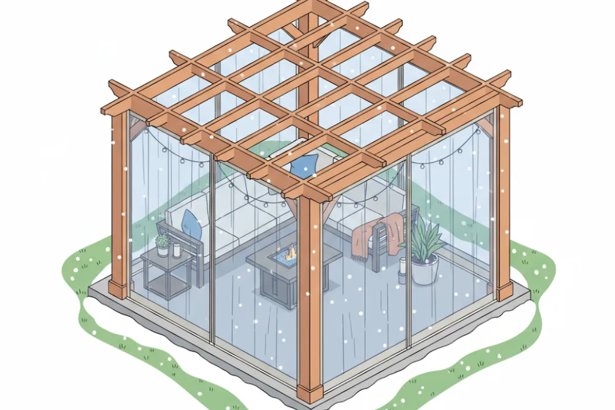 Isometric illustration of Pergola Side Panels Temporary Winter Solutions That Look Built-In, showing clear vinyl enclosures around a pergola with seating in snowy weather