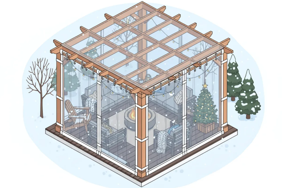 Isometric illustration of a patio enclosed with roll-up clear patio curtains – keep your view in winter while staying protected from snow and wind