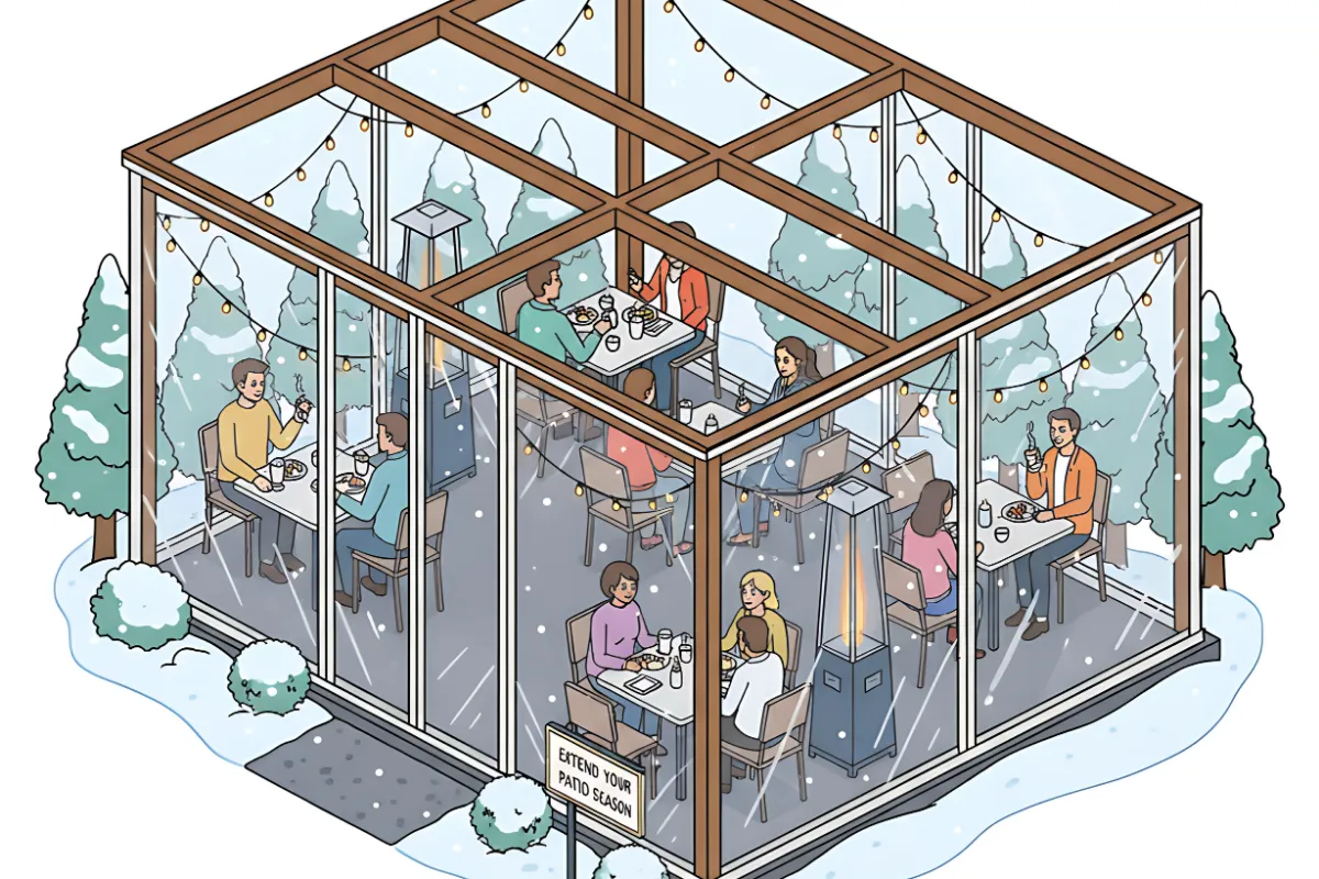 Isometric illustration of a restaurant patio enclosed with clear vinyl walls in winter, showing diners enjoying food in warmth and comfort Extend Patio Season Restaurant and Café Enclosure Ideas For Winter