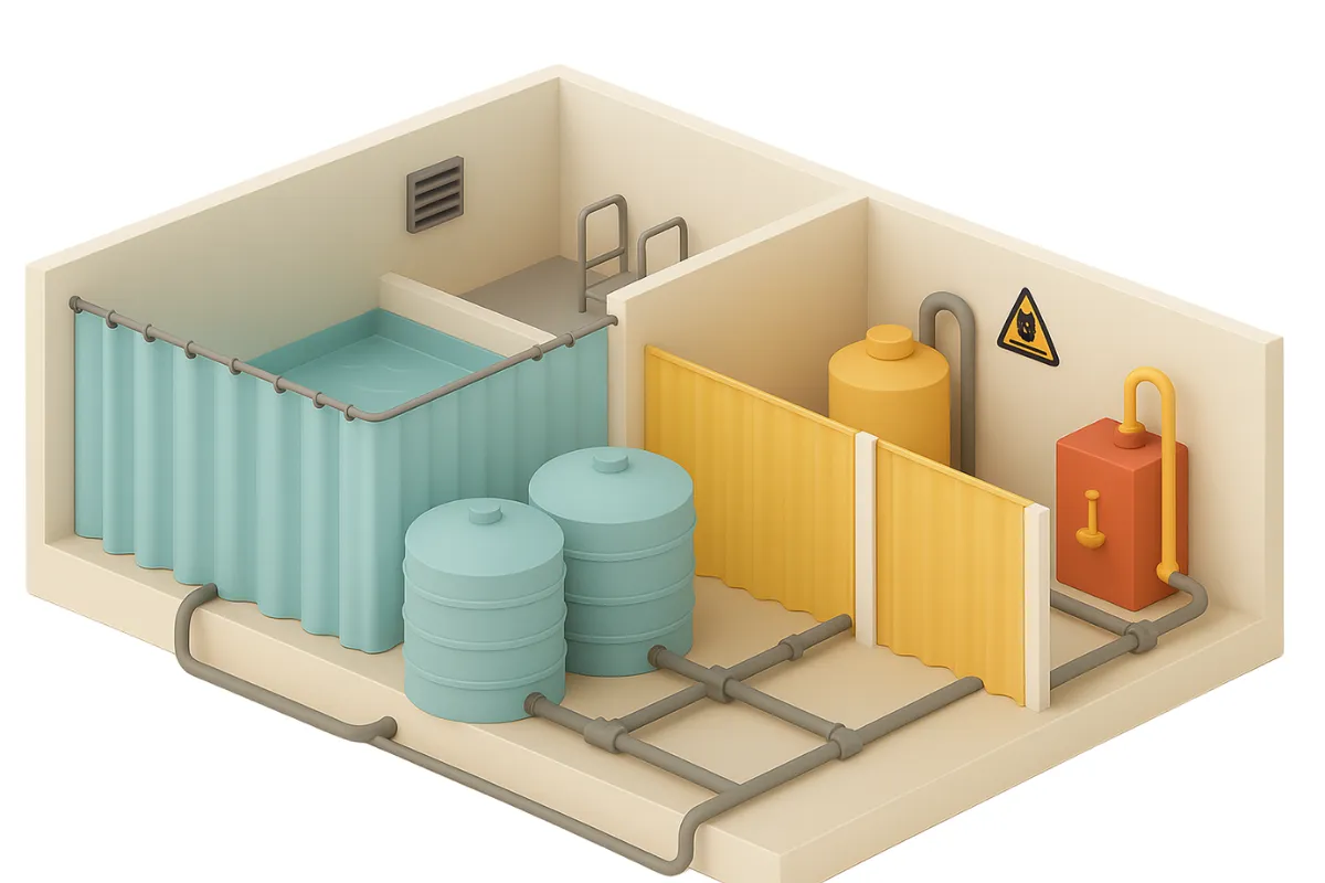 Isometric illustration of a water treatment plant with curtain walls used for moisture and chemical isolation, showing wastewater partitioning and chlorine zone containment in a clean, organized facility layout