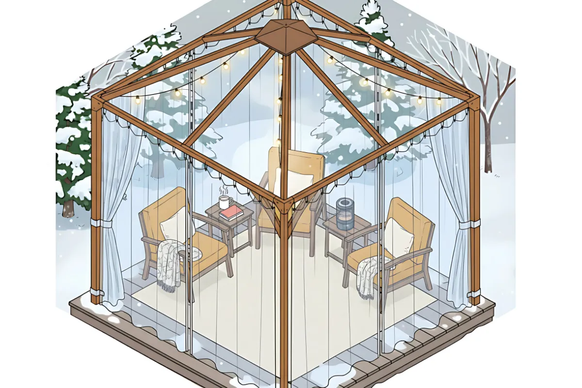 Isometric illustration of a wooden gazebo enclosed with removable PVC panels in a snowy yard, converted into a cozy winter room with chairs, blankets, and warm lighting