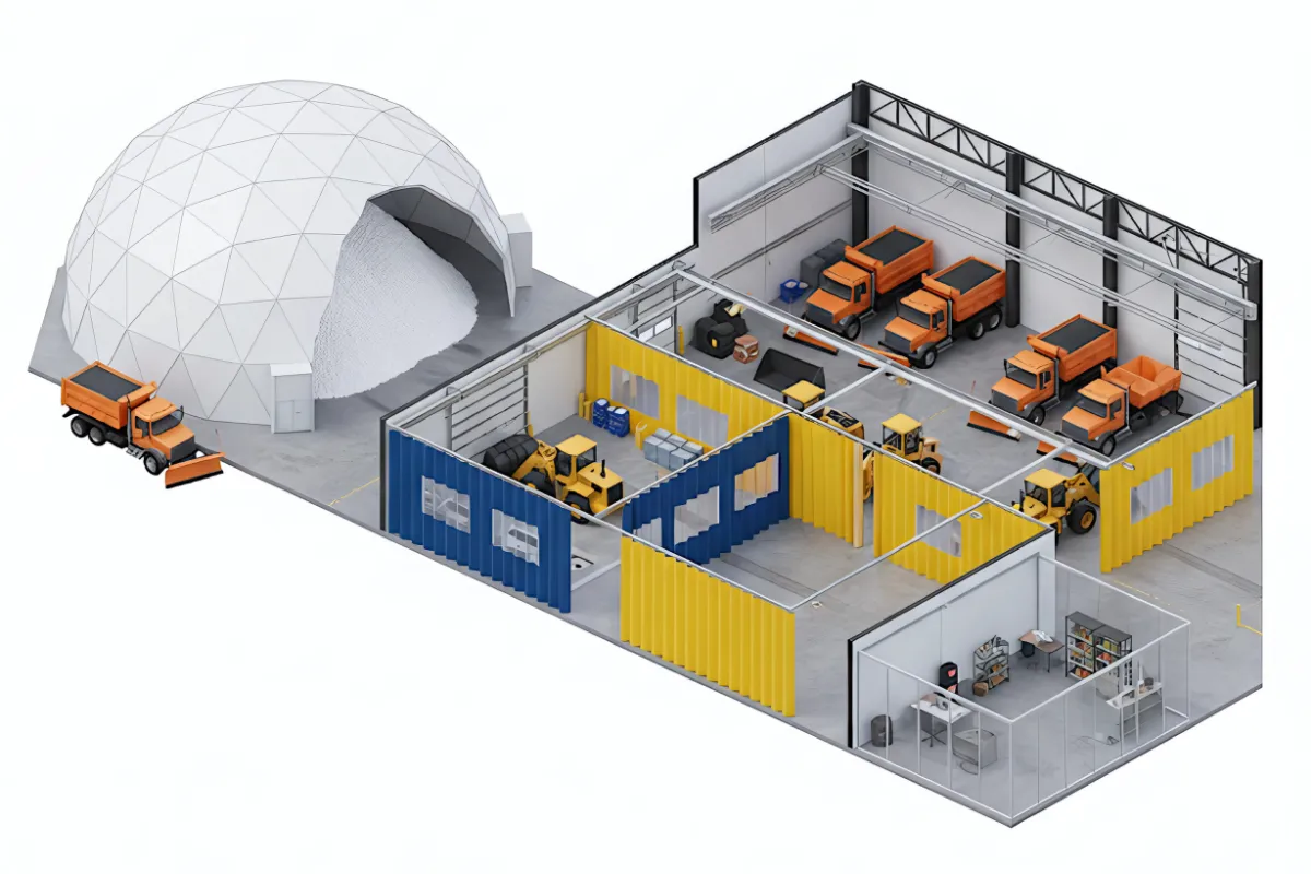 Isometric illustration of city public works yard and salt dome storage facility with industrial curtain walls dividing equipment bays and office areas