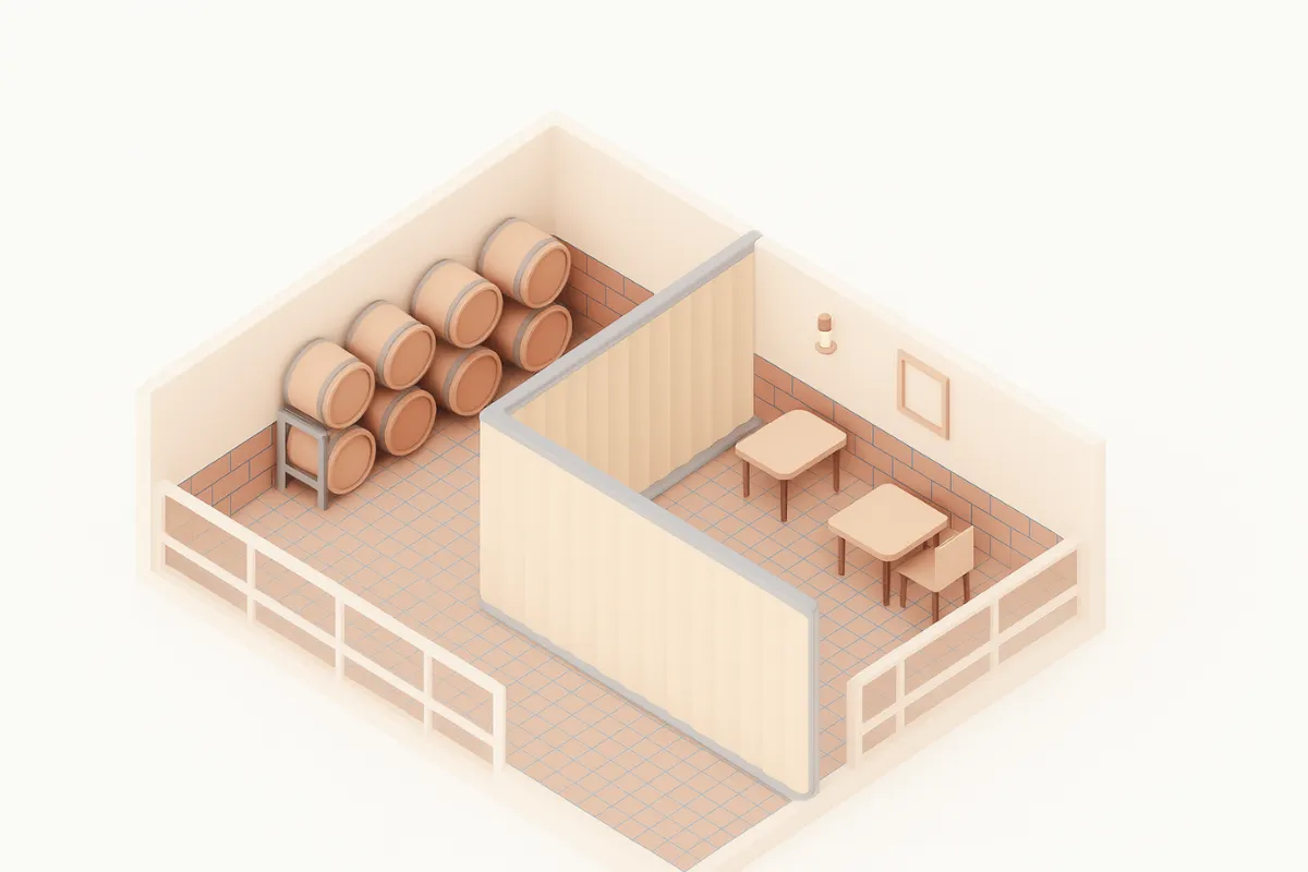 Isometric illustration of curtain walls dividing wine cellars and barrel aging rooms in a shared warehouse, designed for micro-wineries and hobby vintners