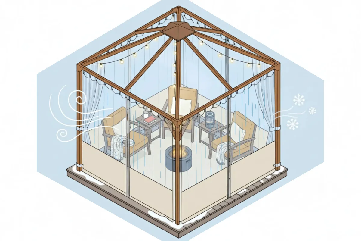 Isometric illustration of gazebo winter walls best options for wind, rain, and cold, showing clear vinyl panels enclosing a wooden gazebo for year-round comfort