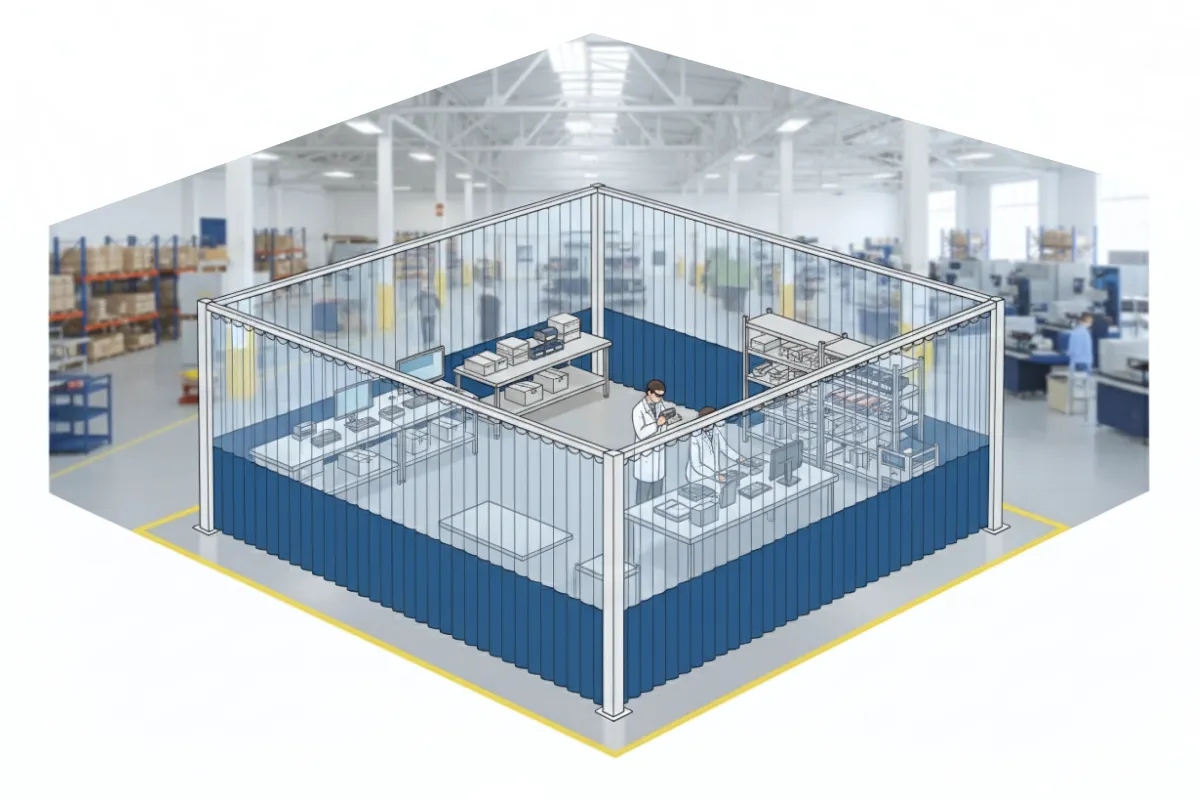 Isometric illustration of industrial curtain walls used to enclose quality control area for inspections inside a factory, showing enclosed workstation