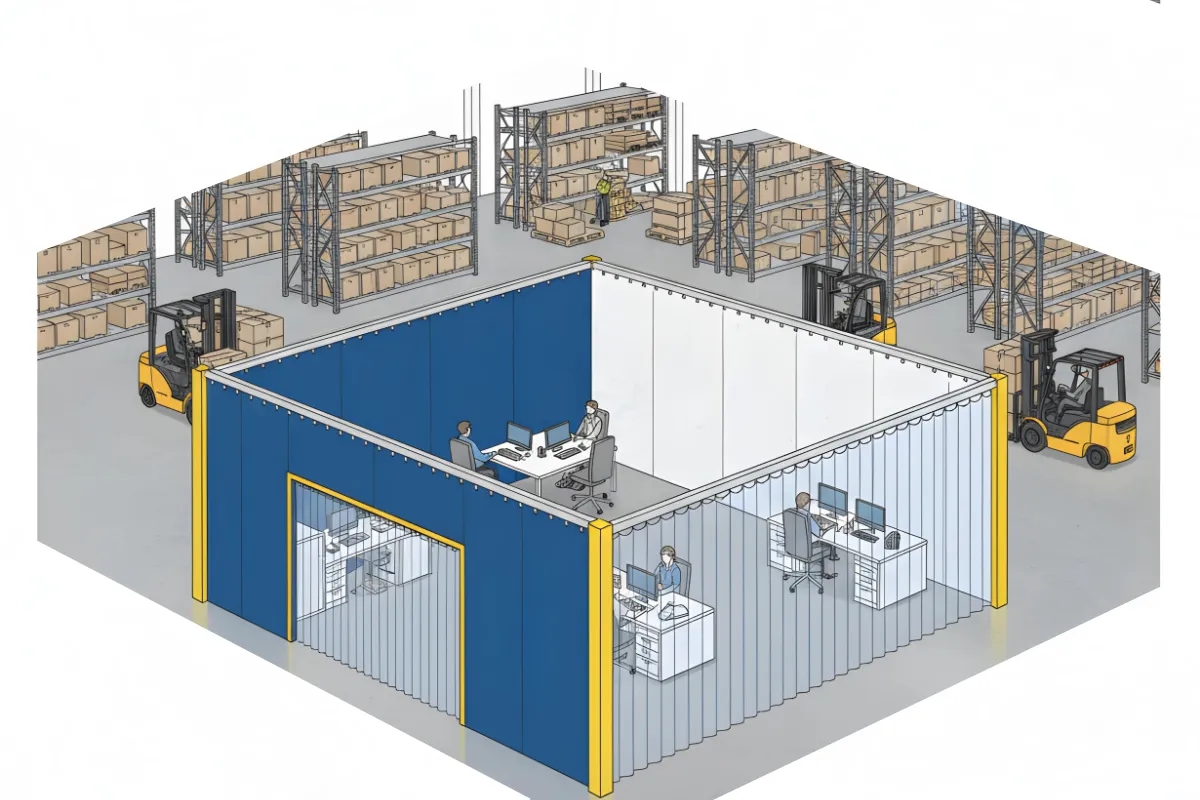 Isometric illustration of temporary office space inside warehouses using curtain wall systems, showing enclosed office areas with desks, computers, and workers separated from forklifts and storage racks