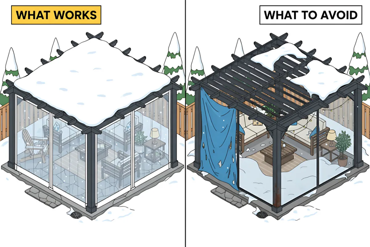 Isometric illustration of winterizing a louvered pergola – what works and what to avoid, showing a protected pergola with clear vinyl walls versus an uncovered pergola with damage.
