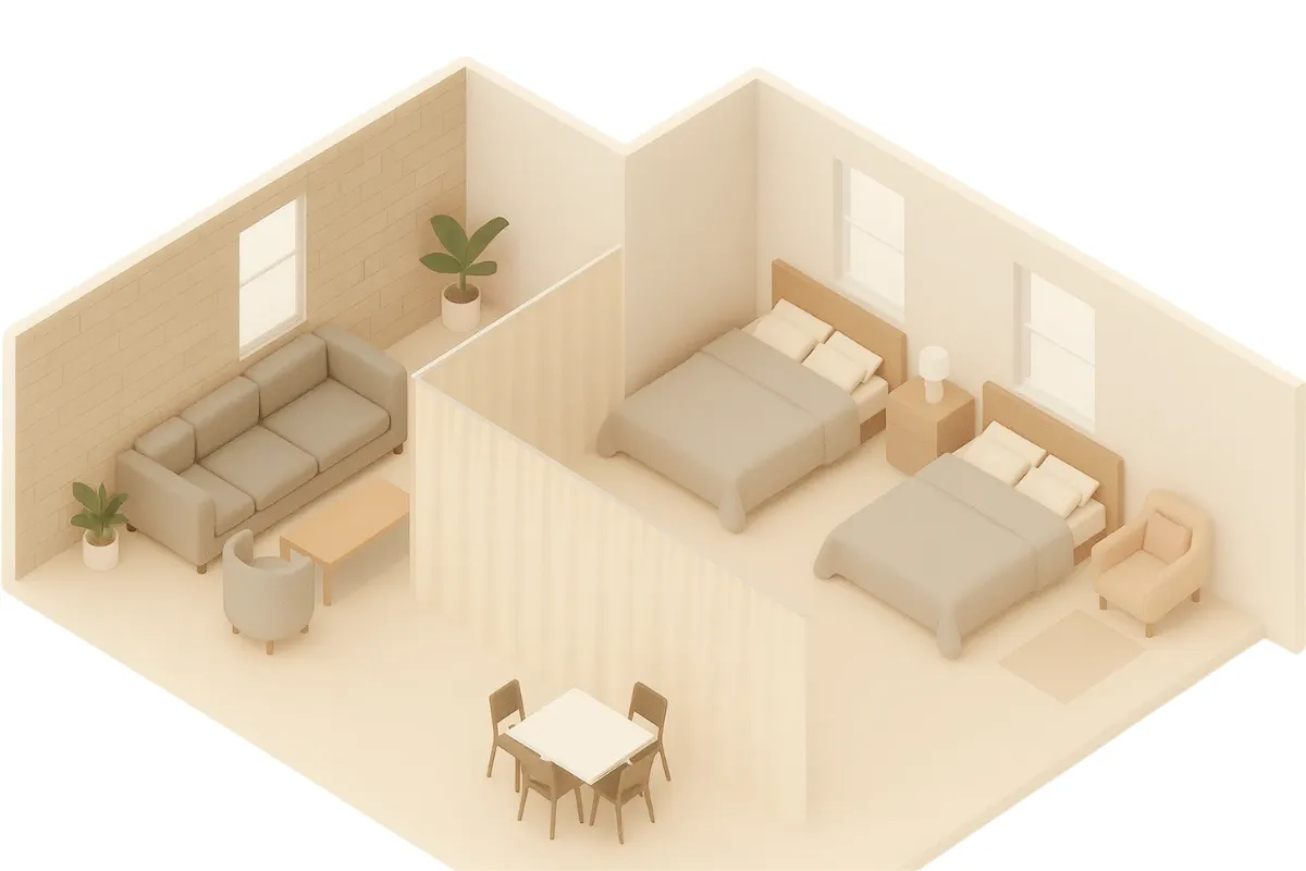 Isometric illustration showing Industrial Curtains for Dividing Large Airbnb Properties or Group Lodges into private rental zones