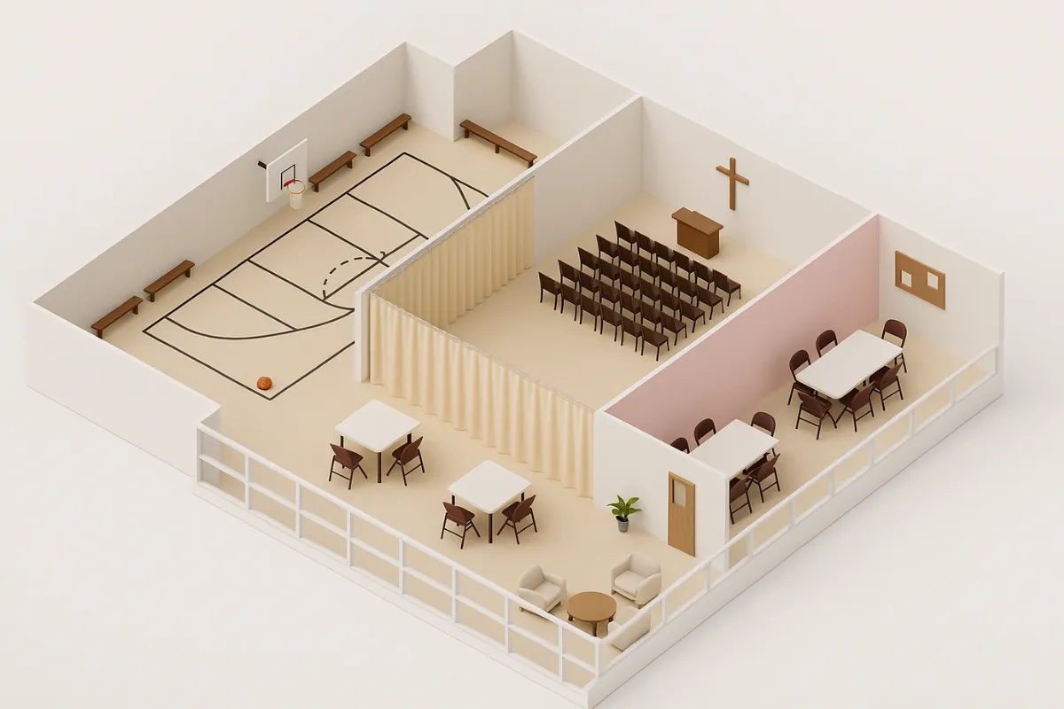 Isometric illustration showing curtain walls creating privacy zones in a church with gym, cafeteria, and fellowship space partitions