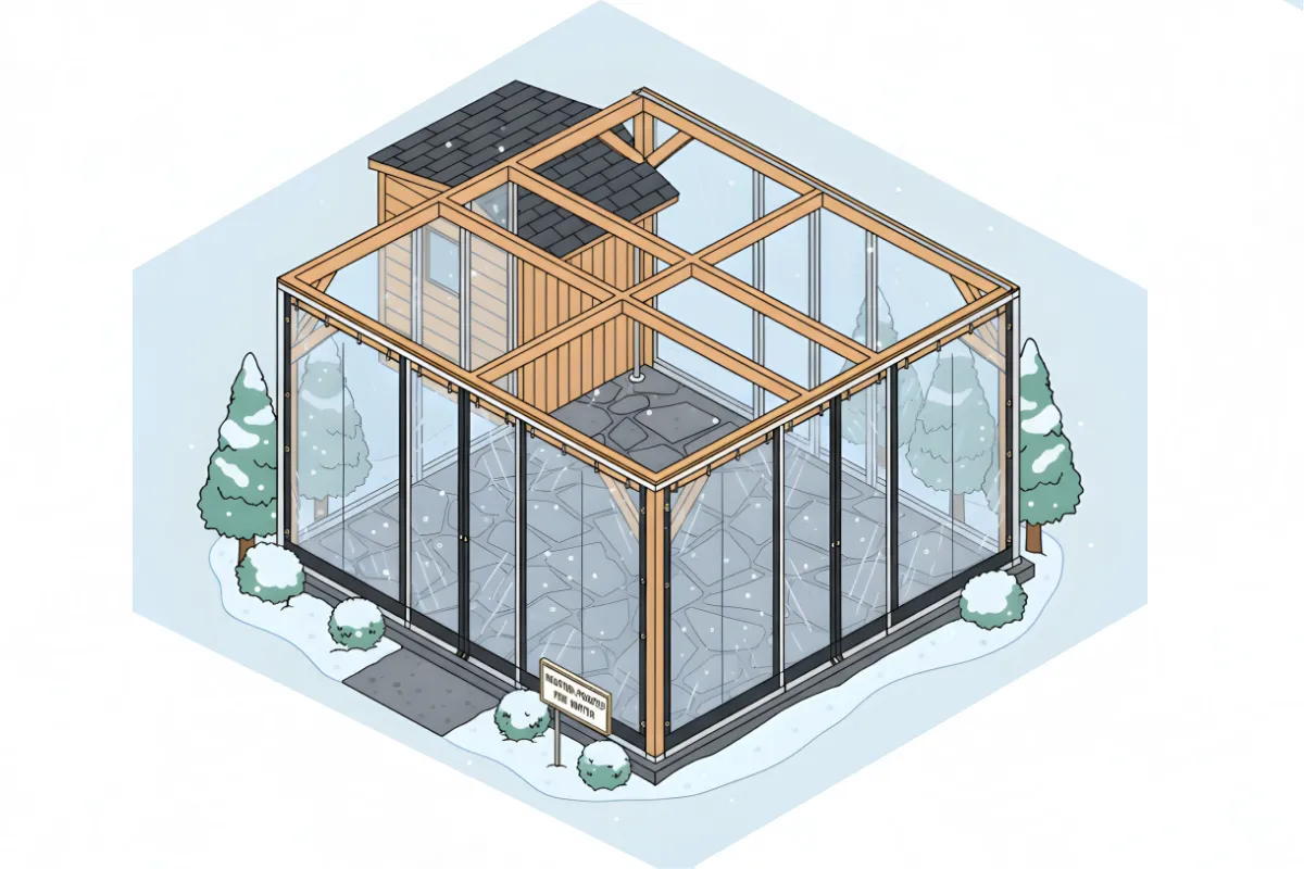 Isometric illustration showing how to seal pergola corners and gaps for a tight winter fit using clear vinyl curtain walls in snowy conditionS