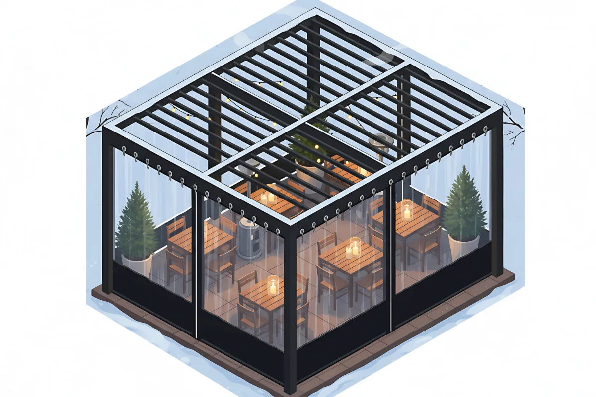 Isometric view of insulated curtain walls enclosing an outdoor dining pergola in winter, showing clear panels that block cold while keeping the space warm and inviting