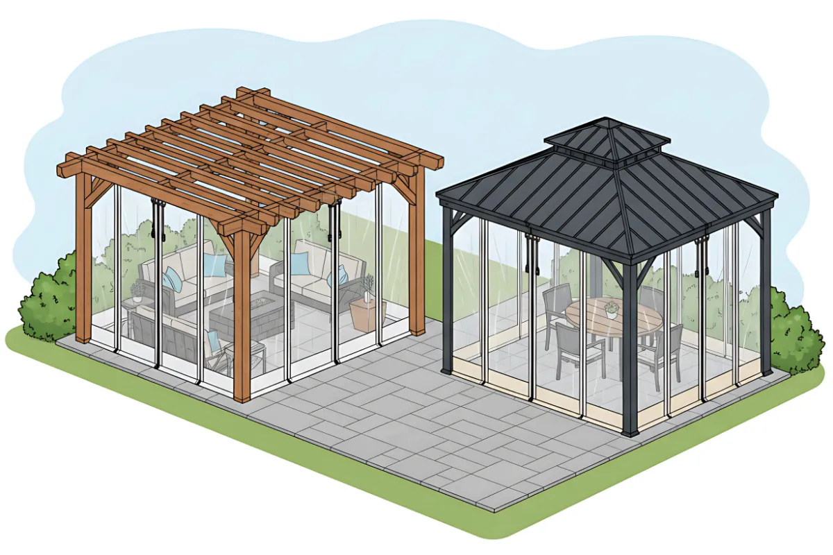 Isometric view of pergola draft-proofing stop wind whistle without losing light, showing clear vinyl curtain walls sealing corners and gaps for winter protection (2)
