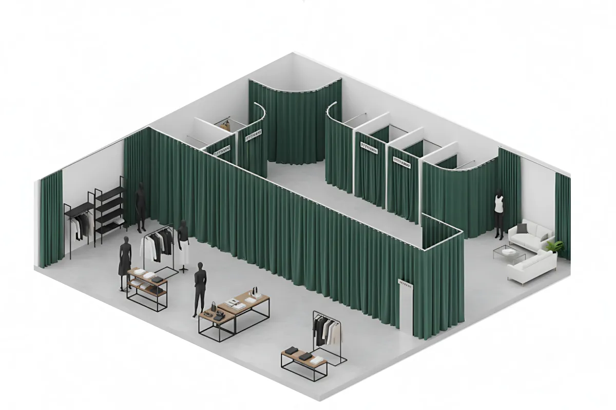 Isometric view of retail showroom curtains in hunter green dividing fitting rooms and display areas in a modern store layout