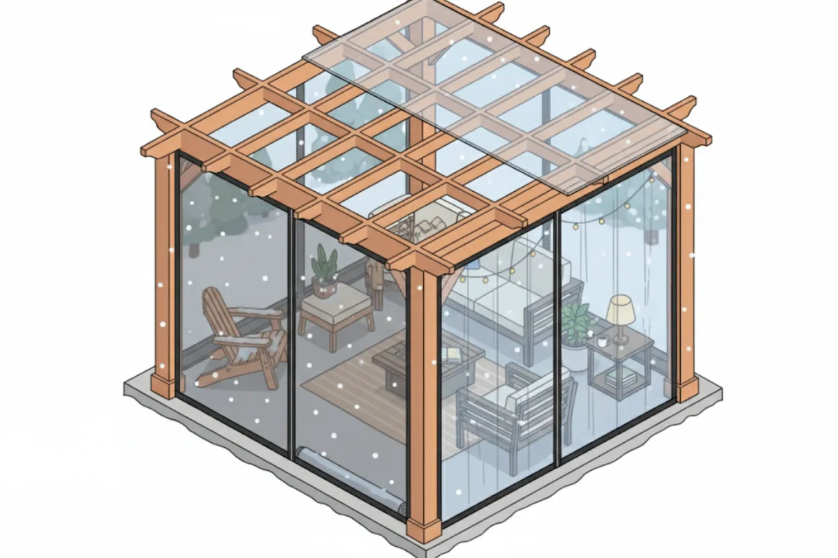 Isometric view showing how to winterize a screened porch to four-season space with removable vinyl panels on a pergola structure