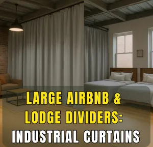 Large Airbnb or lodge room divided with industrial curtains for flexible guest privacy and space use