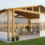Large pergola with white vinyl curtain enclosures over outdoor furniture – Pergola Enclosures vs. Permanent Walls – Flexibility and Resale Value