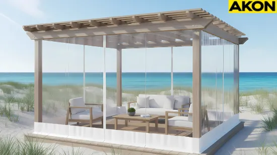 Lightwood pergola with full clear vinyl enclosure overlooking the ocean, designed for coastal climates and easy care