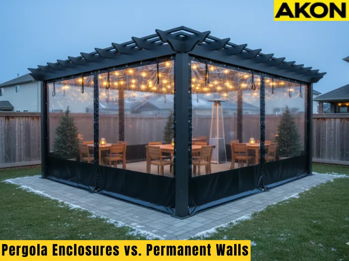 Modern backyard pergola with clear vinyl enclosure panels, illustrating Pergola Enclosures vs. Permanent Walls – Flexibility and Resale Value in outdoor living