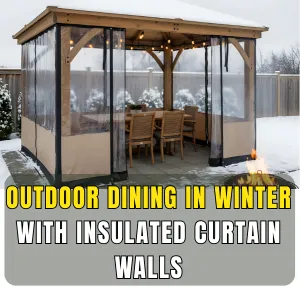 Outdoor dining pergola in winter with insulated curtain walls providing warmth and wind protection
