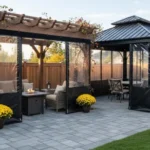 Outdoor pergola and gazebo with black-trim zippered door panels, showing how zippered panels create privacy and comfort in patios and backyards