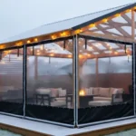 Outdoor pergola sealed with clear vinyl curtains and lights, showing how to seal pergola corners and gaps for a tight winter fit