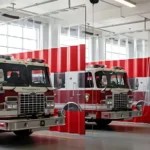 Partitioning firehouse equipment bays with heavy-duty curtains, dark brown dividers providing flexible separation between trucks