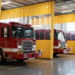 Partitioning firehouse equipment bays with heavy-duty curtains, featuring yellow vinyl dividers for safety and visibility