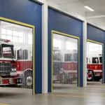 Partitioning firehouse equipment bays with heavy-duty curtains, featuring yellow vinyl dividers for safety and visibilityfrehouse