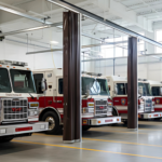 Partitioning firehouse equipment bays with heavy-duty curtains, red and white striped partitions improving organization and safety