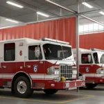 Partitioning firehouse equipment bays with heavy-duty curtains, red vinyl partitions creating organized fire truck zones