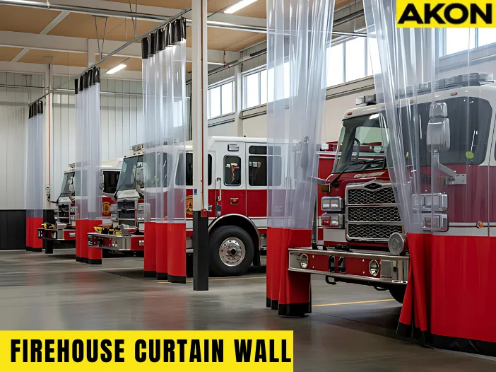 Partitioning firehouse equipment bays with heavy-duty curtains to separate fire trucks and create organized, flexible station spaces