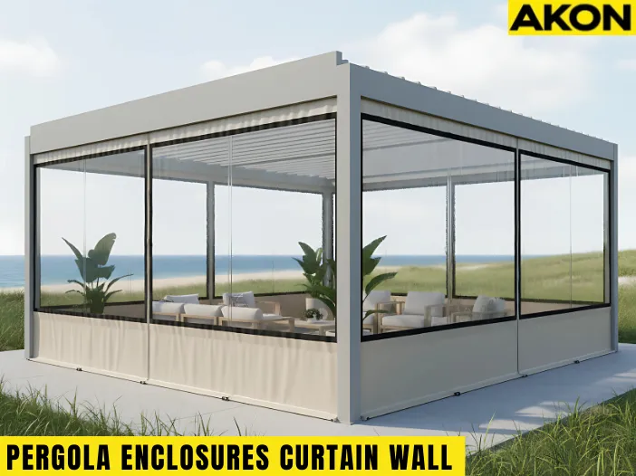 Pergola Enclosures for Coastal Climates – Salt, Wind, and Care featuring a modern outdoor pergola with clear vinyl curtain walls providing protection by the coast